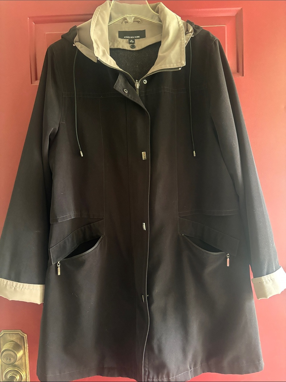 Jones New York All Weather Black Coat with Khaki Trim Removable Lining & Hood XL